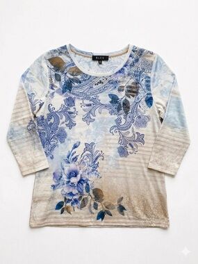 B.L.E.U. Blue and Beige Floral Paisley Long Sleeve Top